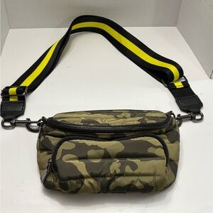 Think Rolyn Camouflage Crossbody Bag with Yellow Strap and front pocket